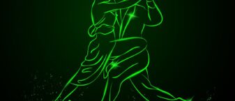 couple aux contours verts sur fond noir dansant le tango.