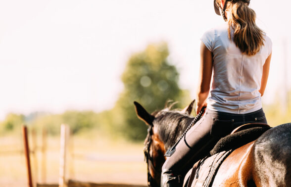 jeune fille à dos de cheval dans un décor de campagne et de harras - Agrandir l'image, fenêtre modale
