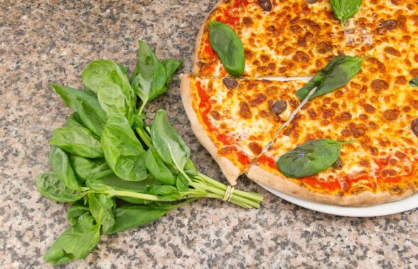 une pizza dans une assiette servie sur un comptoir, avec une part découpée, et un bouquet de basilique posé à côté de l'assiette. - Agrandir l'image, fenêtre modale