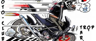 dessin de bande dessinée représentant un motard sur son véhicule qui freine de façon brutale