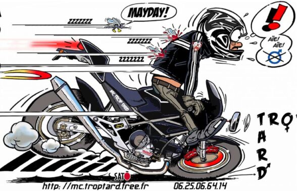 dessin de bande dessinée représentant un motard sur son véhicule qui freine de façon brutale - Agrandir l'image, fenêtre modale