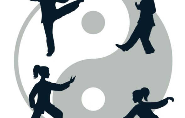 Symbole du yin et du yang avec par dessus des silhouettes de femmes en diverses position de taï chi chuan - Agrandir l'image, fenêtre modale