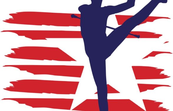 silhouette bleue d'une fille en plein mouvement de twirling, sur fond blanc avec amorce du drapeau américain, bandes rouges et étoile blanche - Agrandir l'image, fenêtre modale