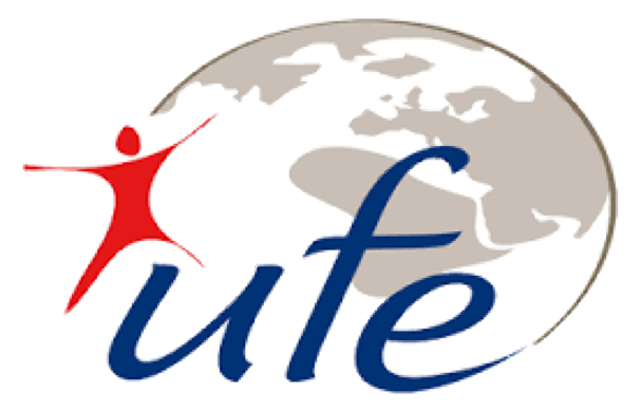 logo de l'ufe, planète beige avec silhouette humaine rouge et sigle UFE inscrit en bleu - Agrandir l'image, fenêtre modale