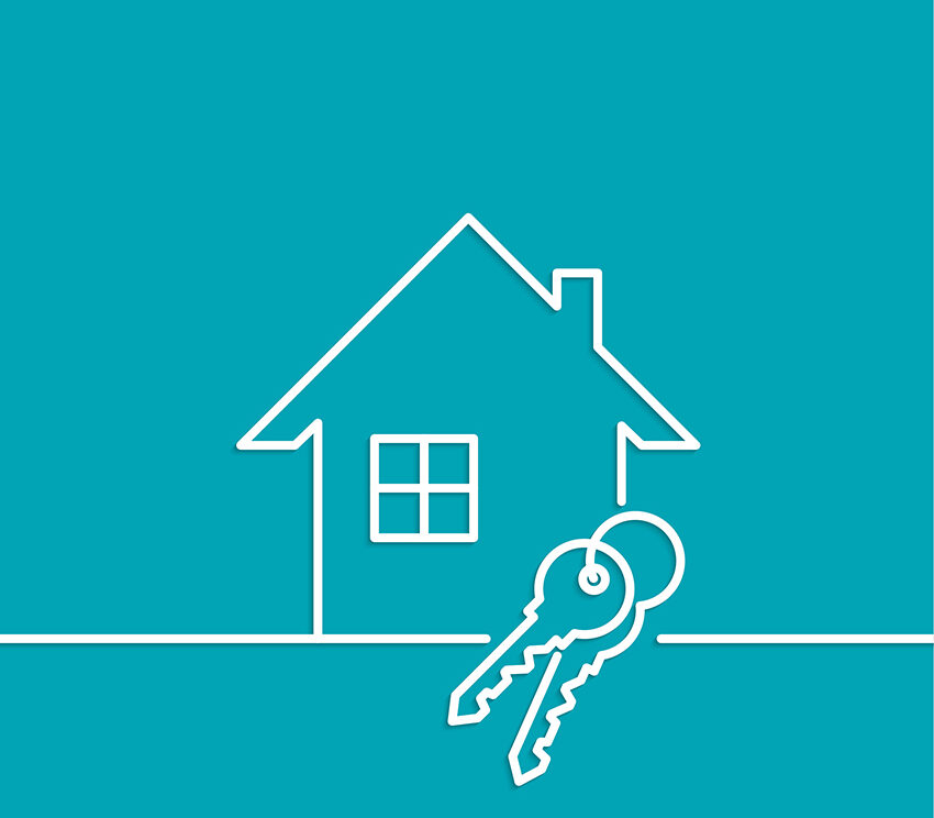 dessin blanc d'une maison sur fond bleu avec un trousseau de clé